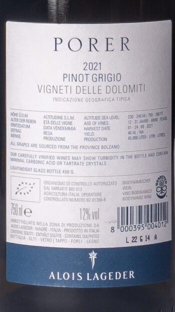 395 004012 B Alois Lageder, Porer Pinot Grigio